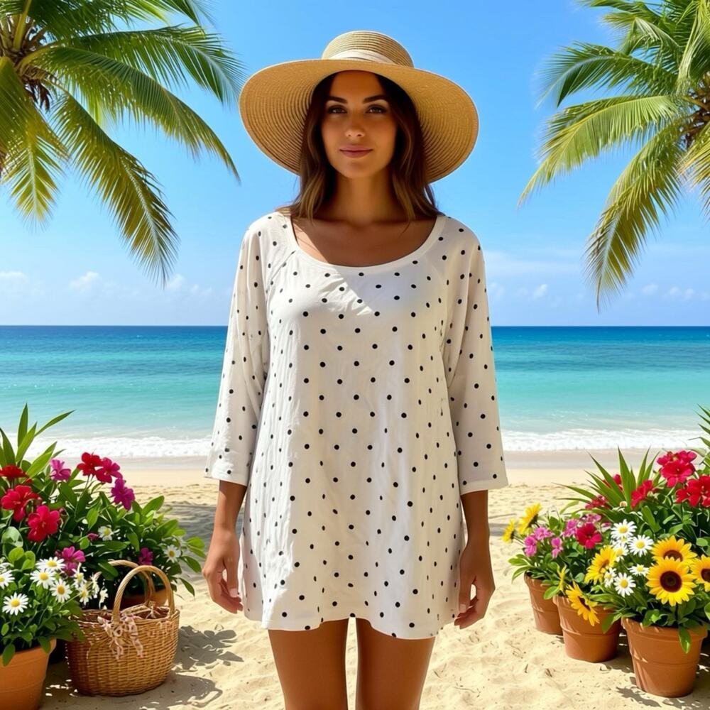 KarenScott White Black Polka Dots T Shirt Women L 3/4 Sleeves Soft Cotton Casual